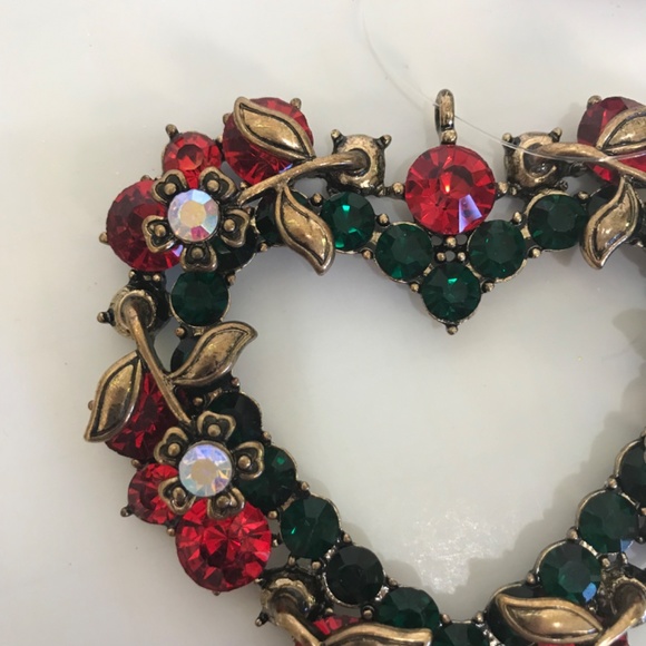 Jeweled Ornament Iridescent Heart Wreath Rhinestone NWT Red Green and Gold - Picture 2 of 9